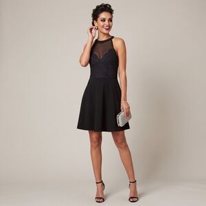 Blue Rain Black Lace Crochet Halter Dress L Sheer Mesh Skater LBD Party Cocktail